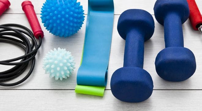 exercise equipment: resistance bands, dumbbells, balls