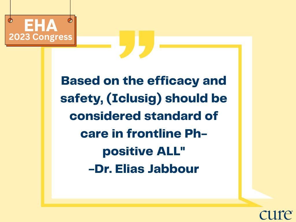 Yellow background with quote box saying: Based on the efficacy and safety, (Iclusig) should be considered standard of care in frontline Ph-positive ALL" -Dr. Elias Jabbour